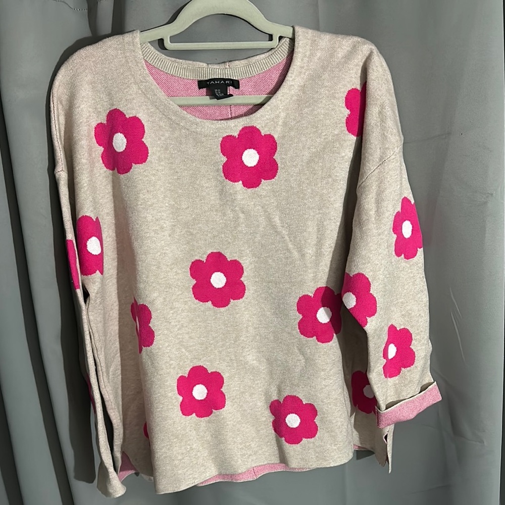 Talbots Beige Sweater with Pink Floral Pattern